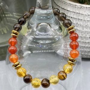 Bracelet Bonheur avec pierres précieuses, avec véritable bronzite, quartz fumé, citrine, pierres précieuses de cornaline, taille de perle 8 mm, qualité A+, cartes d'informations en cristal