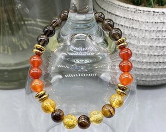 Happiness Gemstone Bracelet, with Genuine Bronzite, Smoky Quartz, Citrine, Carnelian Gemstones, bead size 8mm, Grade A+, Crystal Info Cards