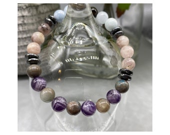 ADHD Crystals Bracelet, Genuine Aquamarine, Amethyst, Lepidolite, Apatite, Smoky Quartz Crystals, Bead 8mm, Crystal info cards