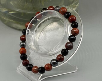 Spiritual Protection Crystal Bracelet, Genuine Red Jasper, Jet, Black Obsidian, Hematite, Black Tourmaline, Grade A+, 8mm, Crystal info card