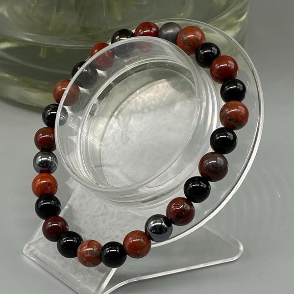 Spiritual Protection Crystal Bracelet, Genuine Red Jasper, Jet, Black Obsidian, Hematite, Black Tourmaline, Grade A+, 8mm, Crystal info card