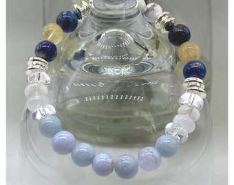 Thyroid Crystal Bracelet, Genuine Lapis Lazuli, Blue Lace Agate, Selenite, Citrine, Hematite, Beaded Stretch, 8mm, Info Cards