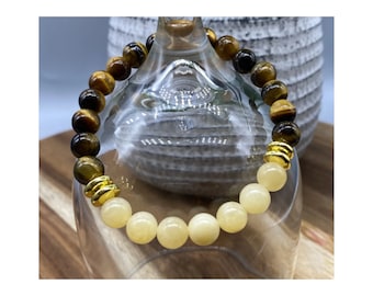 Confidence Crystal Bracelet, Genuine Tiger Eye-Honey Calcite-Hematite Gemstones, Beaded Stretch Bracelet, Choose Bead Size 8mm or 10mm