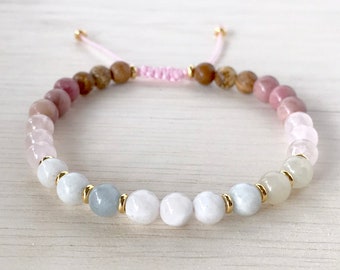 Pulseira de Pedras Preciosas da Fertilidade: Quartzo Rosa, Pedra da Lua, Morganita, Rodonita