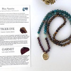 Garnet, Apatite, Tiger Eye Mala Bracelet: 18K Gold Charm