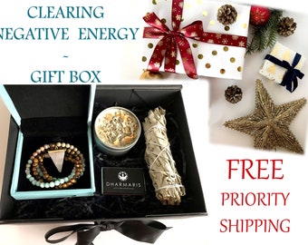 Crystal Kit: Mala Bracelet, Sage, Candle - Negative Energy Clearing Gift Set
