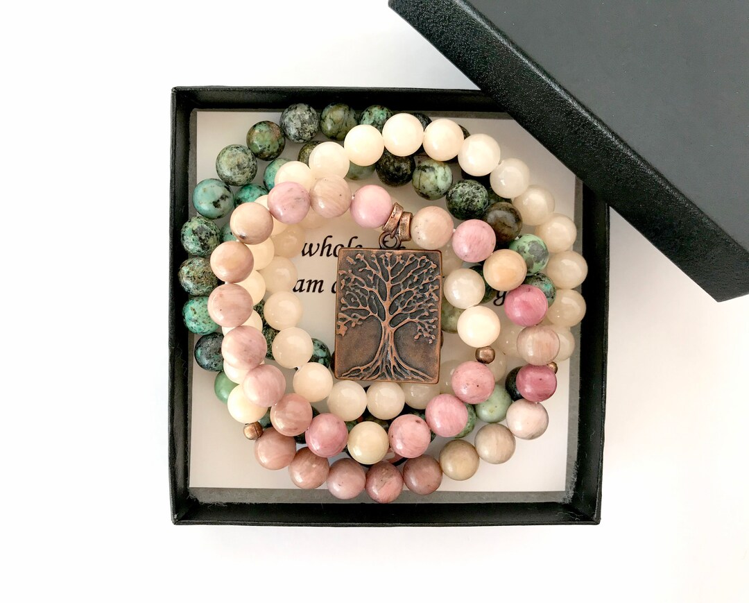 Rhodonite & African Turquoise Mala Necklace Bracelet: Tree of Life ...
