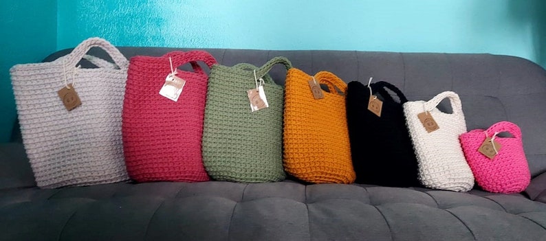 Muchos tamaños, muchos colores. Bolsa de compras de ganchillo hecha a mano, estilo escandinavo, bolsa de ganchillo, reutilizable imagen 5