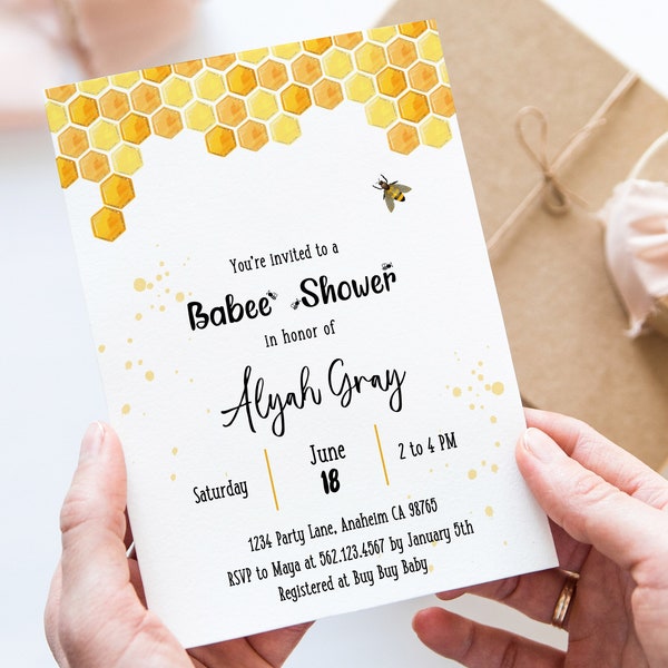 Oh babee baby shower invitation, honeycomb invitation, bee baby shower invite, yellow invitation, Editable