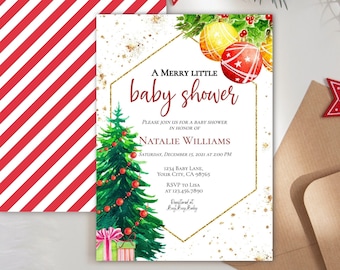 May include: A white baby shower invitation with a gold hexagonal frame and a watercolor illustration of a Christmas tree and ornaments. The text reads "A Merry Little Baby Shower" in honor of Natalie Williams. The invitation includes the date, time, and location of the event.