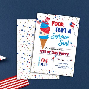 4th of July Party Invitation, BBQ summer party invite, Red white and blue invite, Ice cream invite, editable digital templates