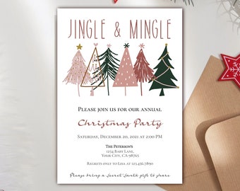 May include: A Christmas party invitation with the text "Jingle & Mingle" and illustrated Christmas trees in pink, green, and gold. Includes event details and a kraft paper envelope with a red star.