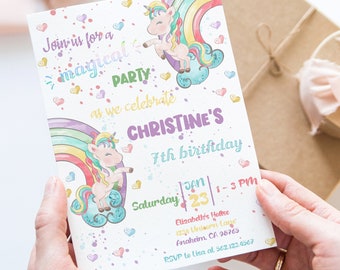 May include: A printable invitation for a 7th birthday party featuring a rainbow and two unicorns. The invitation says "Join us for a magical party as we celebrate Christine's 7th birthday" and includes the date, time, and RSVP information.