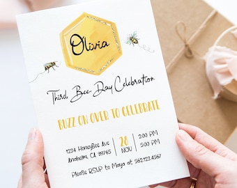 Invitación de cumpleaños de abeja melífera, Invitación de cumpleaños de abeja, Pequeña fiesta de abeja, Día de abeja, Invitación a colmena / Bricolaje editable