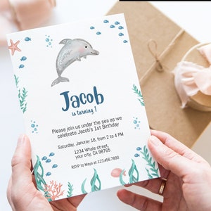 Under the sea dolphin birthday digital printable editable invitation