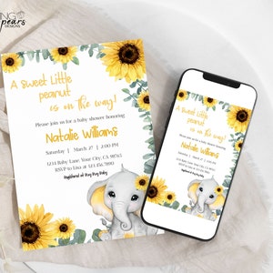 Elephant sunflower baby shower invitation, Elephant baby shower girl, Little Peanut baby shower invite, editable template