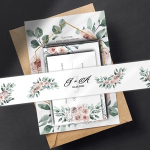 Boho dusty rose invitation belly band, Mauve rose invitation belly band