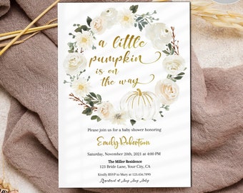 Little pumpkin on the Way Fall Baby Shower Invitation, White pumpkin invitation, Gender Neutral Fall Baby Shower Invite