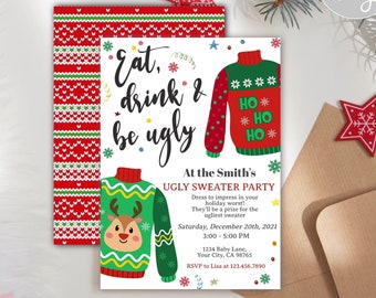 Ugly Sweater Christmas Party Invitations, Christmas Party Invitation, Eat Drink And Be Ugly Sweater Party Invite, Editable DIY