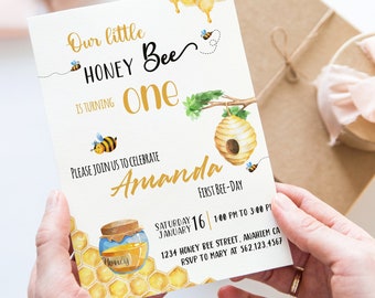 Bee Birthday Invitation, Little Honey bee Party, Bee-Day, Bee Day for Girls and Boys, Girl First Birthday, Beehive Invite | Editable DIY