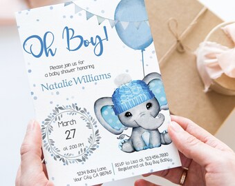 May include: A baby shower invitation with a blue and gray color scheme. The invitation features a cartoon elephant wearing a blue and white hat and holding a blue balloon. The text on the invitation reads "Oh Boy!" and includes the date and time of the shower.