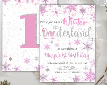 May include: A pink and silver glitter first birthday invitation featuring snowflakes and the text "Please join us in a Winter Onederland as we celebrate Maya's 1st birthday". The invitation includes the date, time, and location of the party.