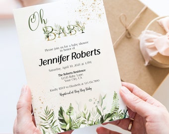 Greenery Baby Shower Invitation, Oh baby Green Gold invitation, Baby shower invitation, Greenery Floral Baby Shower invitation, Editable