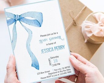 Blue Bow baby boy shower invitation, Blue Bow baby girl shower invitation, instant download, editable digital invitation