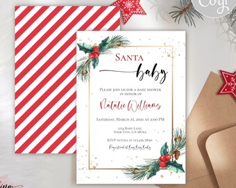 May include: A white baby shower invitation with a gold frame and a watercolor illustration of a pine branch with red berries. The text reads "Santa Baby" and includes the name "Natalie Williams".