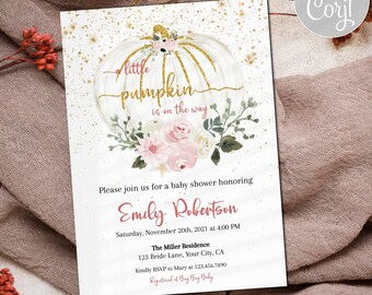 Little pumpkin on the Way Fall Baby Shower Invitation, White pumpkin invitation, Gender Neutral Fall Baby Shower Invite
