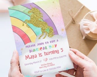May include: A printable invitation for a unicorn-themed birthday party. The invitation features a gold glitter unicorn silhouette against a rainbow background with the text "Please join us for a magical day Maya is turning 5" and party details.
