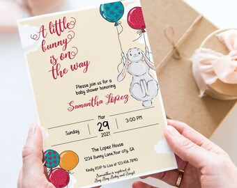 Bunny Baby Shower Invitation, Bunny Baby Shower, Spring Baby Shower, A little bunny is on the way, Bunny Invitation, Editable template