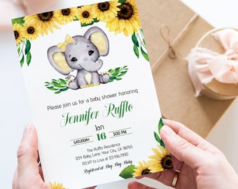 Elephant sunflower baby shower invitation, Elephant baby shower girl, Sunflower baby shower invite, editable template