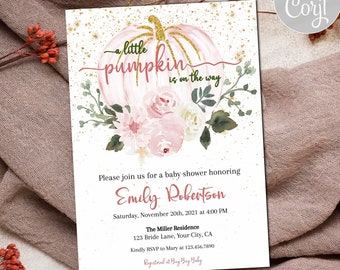 Little pumpkin on the Way Fall Baby Shower Invitation, Autumn pumpkin invitation, Pink Girl  Fall Baby Shower Invite