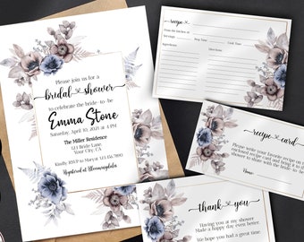 May include: Printable bridal shower invitation set with a watercolor floral design in shades of blue and pink. The set includes an invitation, recipe card, and thank you card. The text on the invitation reads "Please join us for a bridal shower to celebrate the bride-to-be Emma Stone".