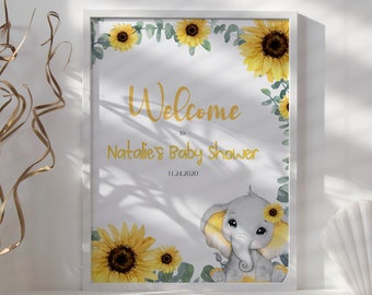 Sunflower elephant Baby Shower Welcome Sign, Yellow elephant baby shower sign, Gender neutral baby Shower Sign, Editable ee01