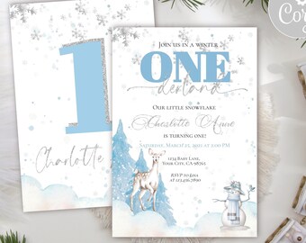 May include: A blue and silver winter-themed first birthday party invitation with a deer, snowman, and the text "Join us in a winter one derland. Our little snowflake Charlotte Anne is turning one!"