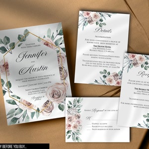 Dusty rose Wedding Invitation set , Boho mauve wedding invitation suite, Blush wedding invitation bundle, Digital Instant Download