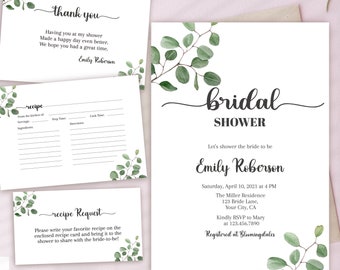 Eucalyptus Bridal shower Invitation set , Greenery bridal shower Invite, bridal shower invitation bundle, Instant Download