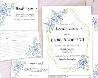 Könnte beinhalten: Eine druckbare Einladung zu einer Bridal Shower mit einem blauen und grünen Aquarell-Blumenmuster. Die Einladung verfügt über einen goldenen geometrischen Rahmen und den Text "Bitte schließen Sie sich uns zu einer Bridal Shower zu Ehren von Emily Roberson an".