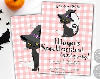 Zaproszenie na imprezę urodzinową z okazji Halloween, Zaproszenie na Halloween, Upiorne urodziny czarownicy i kota, Upiorne zaproszenie, Natychmiastowe pobranie edytowalnego DIY