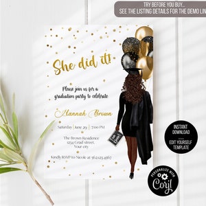 Personalized Graduation Invitation, Class of 2025 Graduation Party, She did it invite, Graduation announcement, African American, Editable