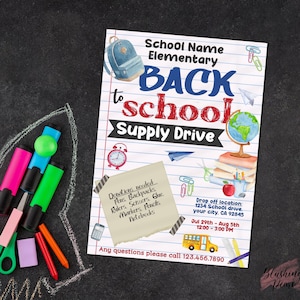 Back to School Supply Drive, School Supply Drive Flyer, EDITABLE School Donation Invitation Printable Pta Pto Flyer Fundraiser, diy Digital