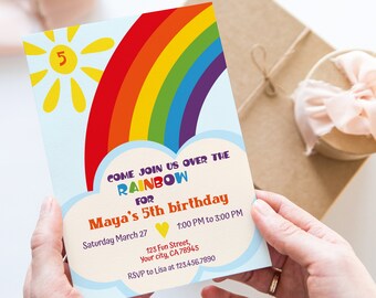 May include: A colorful rainbow birthday invitation with a sun and clouds. The invitation says "Come join us over the rainbow for Maya's 5th birthday" with the date, time, and RSVP information.