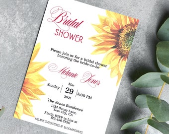 Sunflower Bridal Shower Invitation Template, Yellow floral Bridal Shower Invitation, Sunflower Invitation, hens party, DIGITAL, Editable