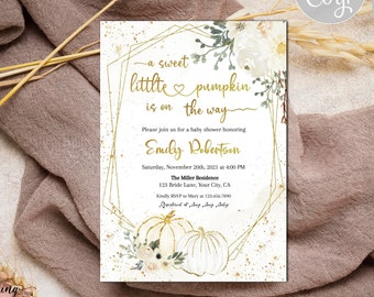 Little pumpkin on the Way Fall Baby Shower Invitation, White pumpkin invitation, Gender Neutral Fall Baby Shower Invite