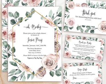 Boho Dusty Rose Baby Shower Invitation set, Mauve Floral Baby shower invitation, Blush Floral Baby Shower invitation, Baby shower BUNDLE