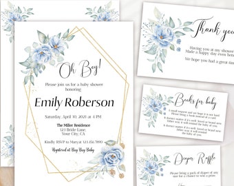 May include: Blue and gold baby shower invitation with a geometric frame and floral accents. The invitation reads "Oh Boy!" and includes the name "Emily Roberson".