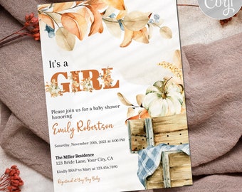 pumpkin Baby Shower Invitation, Fall baby shower invitation, It's a girl autumn Baby Shower Invite, DIY editable
