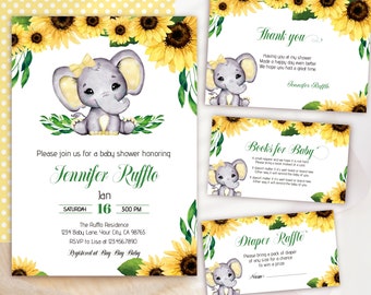 Elephant sunflower baby shower invitation, Diaper Raffle, Elephant baby shower girl, Sunflower baby shower invite, editable template BUNDLE